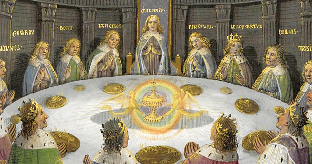 An artist's rendering of the Knights of the Round Table experiencing a vision of the Holy Grail.