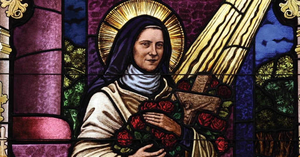 Detail of stained glass widow of St. Thérèse of Lisieux in Christ the King Chapel, donated by the Deucher family.
