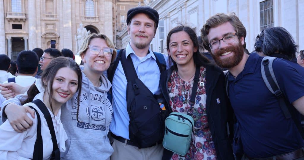 Students in St. Peter's Square for the announcement of Pope Leo XIV.
