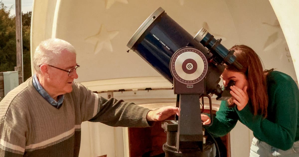 Students observing a solar eclipse from Christendom's observatory.