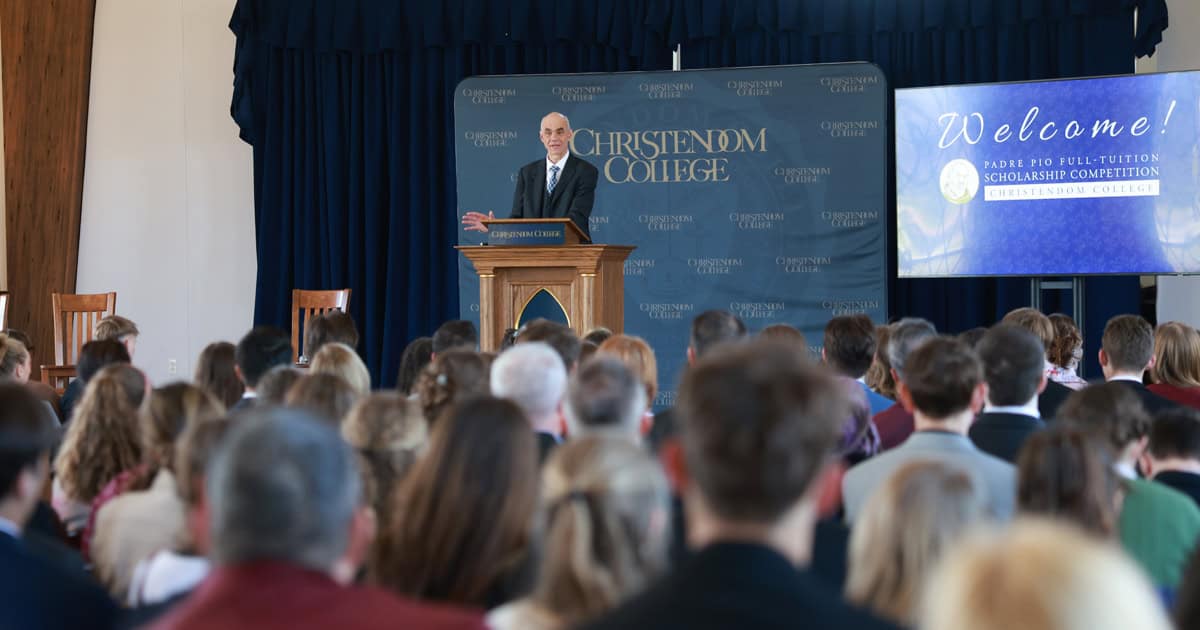 College President George A. Harne, Ph.D., welcomed all participants and their families to campus for the Padre Pio Full-Tuition Scholarship Competition. 