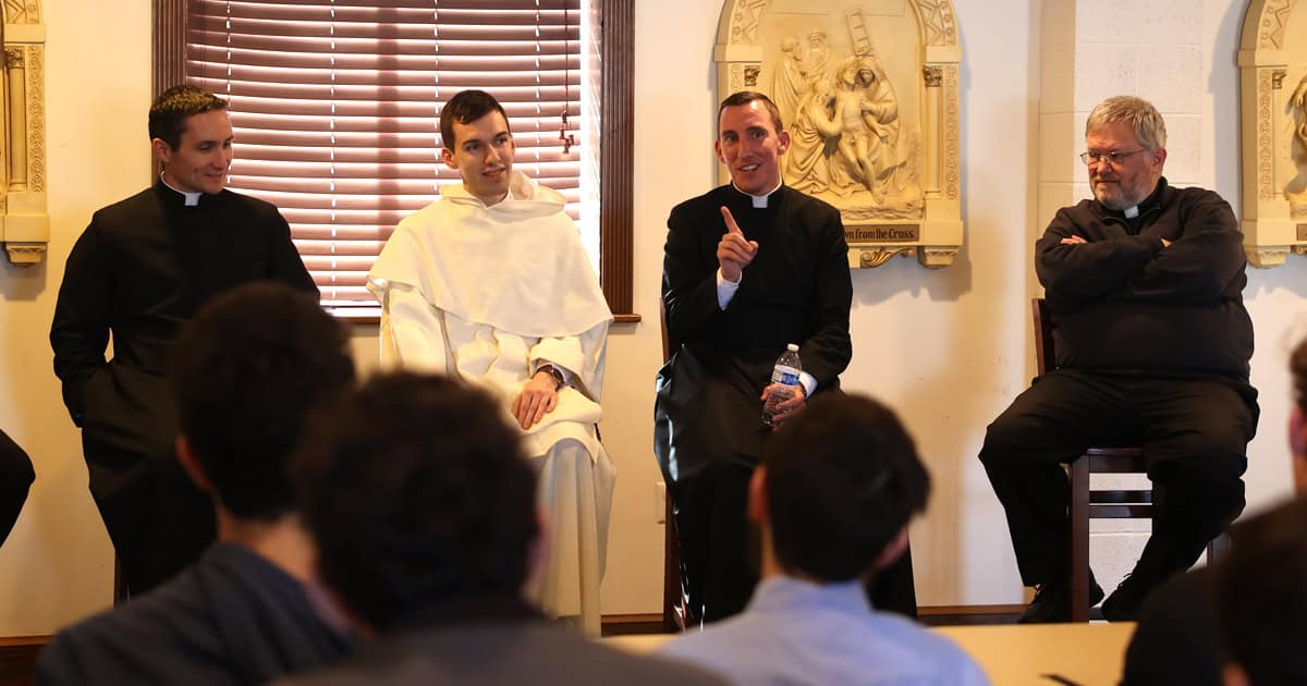 Alumni priests Father Linus Martz (‘18) and Father Andrew Clark (‘14), along with Diocese of Arlington Vocations Director Father Noah Morey (‘08), came to campus for a Discernment Retreat in the spring.